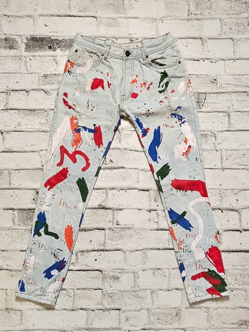 Evolution Paint Splatter Jeans 34x32 Light Wash Artistic Denim Streetwear Pants